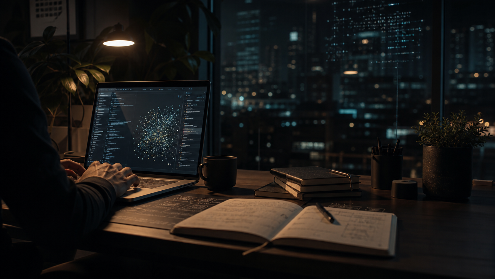 A cinematic AI builder workspace with laptop, notes, and city light